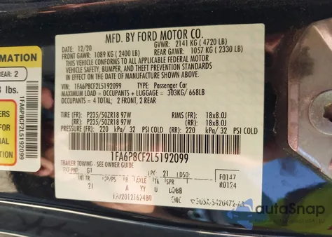 2020 Ford Mustang Gt Fastback z USA, uszkodzony, nr VIN 1FA6P8CF2L5192099